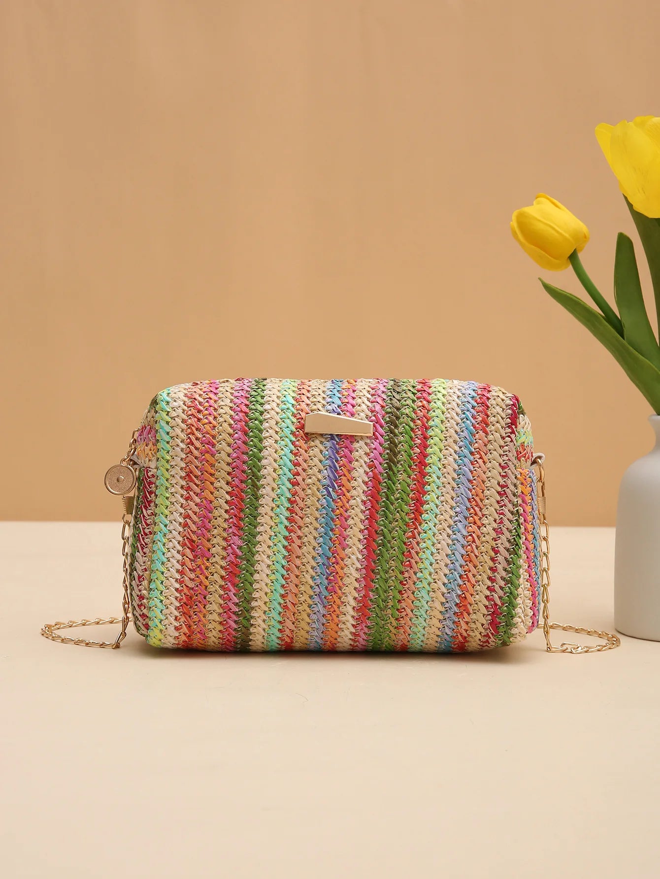Rattan Knitting Women Straw Bag Beach Summer Chain Small Purse and Handbag Female Shoulder Crossbody Bags Travel Design Flap Bag