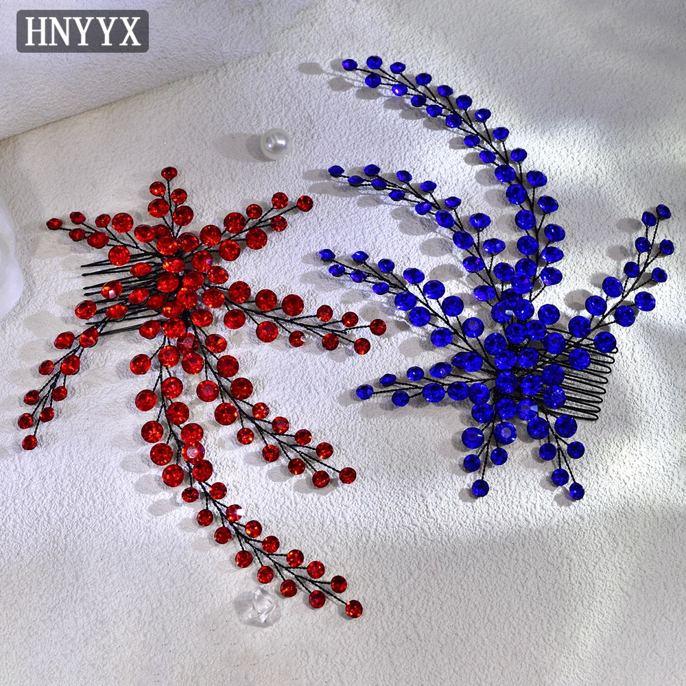 HNYYX Crystal Bridal Hair Comb Alloy Flower Hair Accessories Blue Rhinestone Hair Clip Elegant Hairpin for Women Party A231
