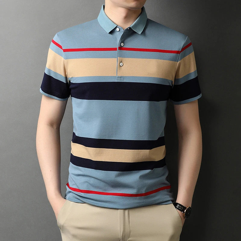 Men's Polo Shirts Korea Man Golf Shirts Summer Striped Print Button Clothing Business Style Male Streetwear Short Sleeve T-Shirt