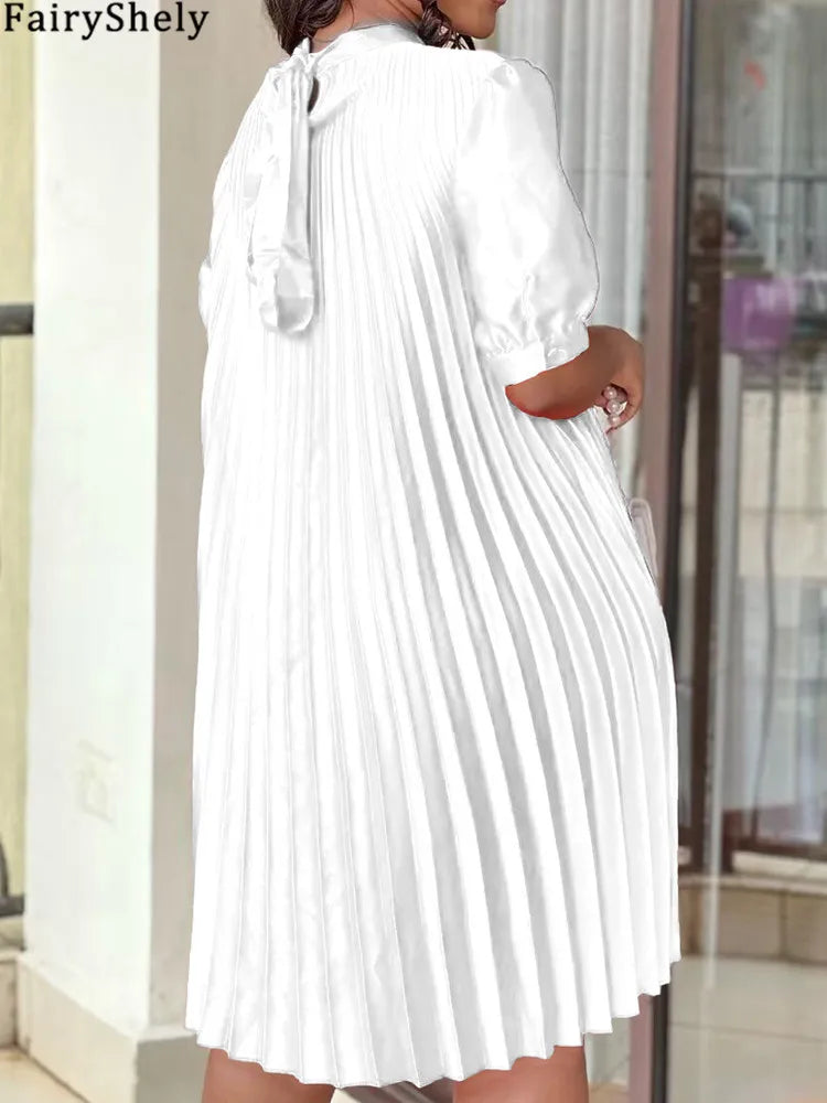 FairyShely Solid 2025 Short Sleeve Plus Size Dress Women Large Big Loose Folds Dresses Lady Summer Party Tight Curvy Dress