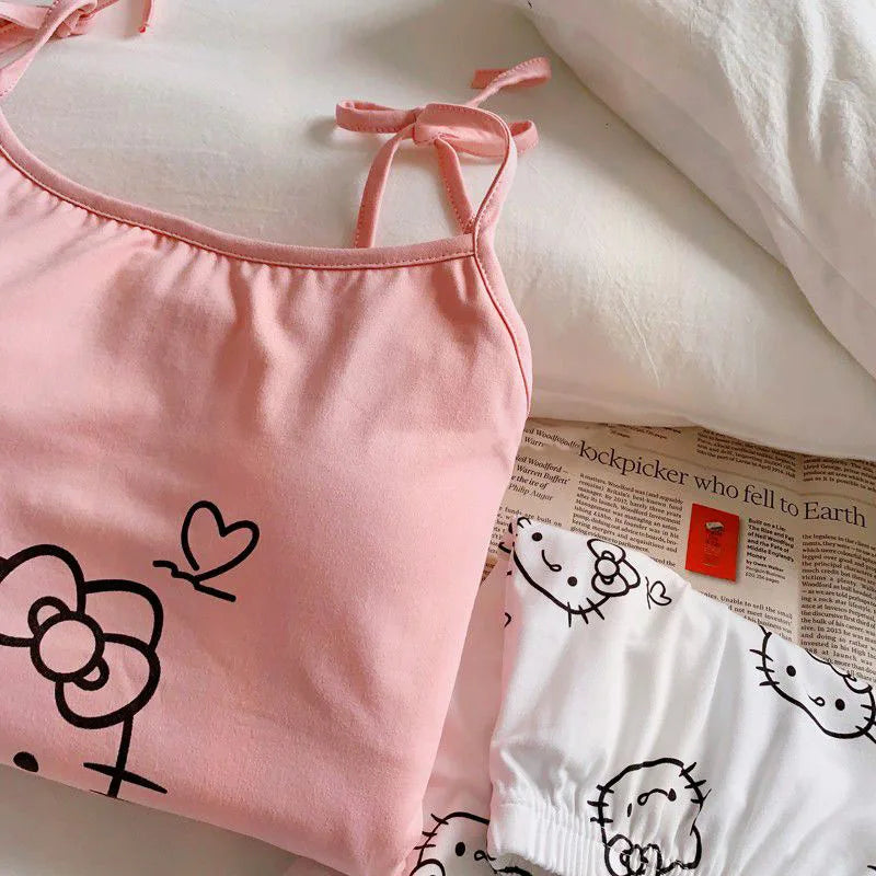 Hello Kitty Tank Nightgown Women Trunks 2pcs Pajama Set Kawaii Girl Summer with Bra Pads Comforts Loungewear Clothing Gift clothes