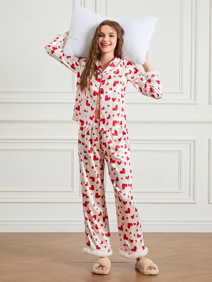 Women s Valentine s Day Lounge Set Long Sleeve Button Up Heart Print Tops Pants Sleepwear Sets