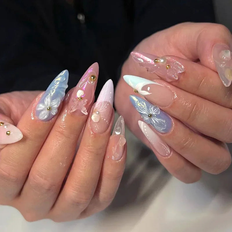 24pcs Summer Fake Nails Press on Almond Wearable 3D Butterfly Flower Short Almond False Nails Smudging Bubble Bead False Nails