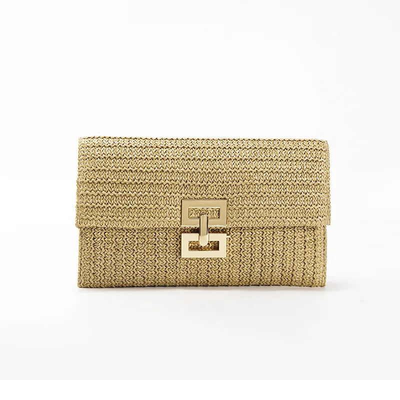 Fashion Straw Clutch Bag for Women Lock Box Paper Woven Bag Casual Summer Beach Bag Bali Travel Handbags Female Purses 2023