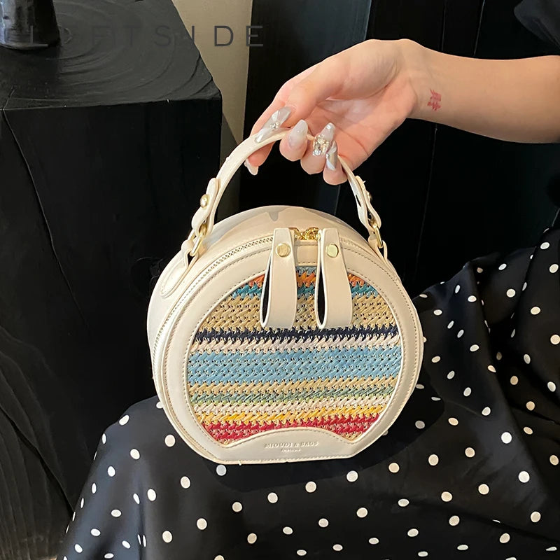 LEFTSIDE Small Striped Round Straw Bags for Women 2024 Y2k Summer Shoulder Bags Handbags and Purses Weave Beach Crossbody Bag