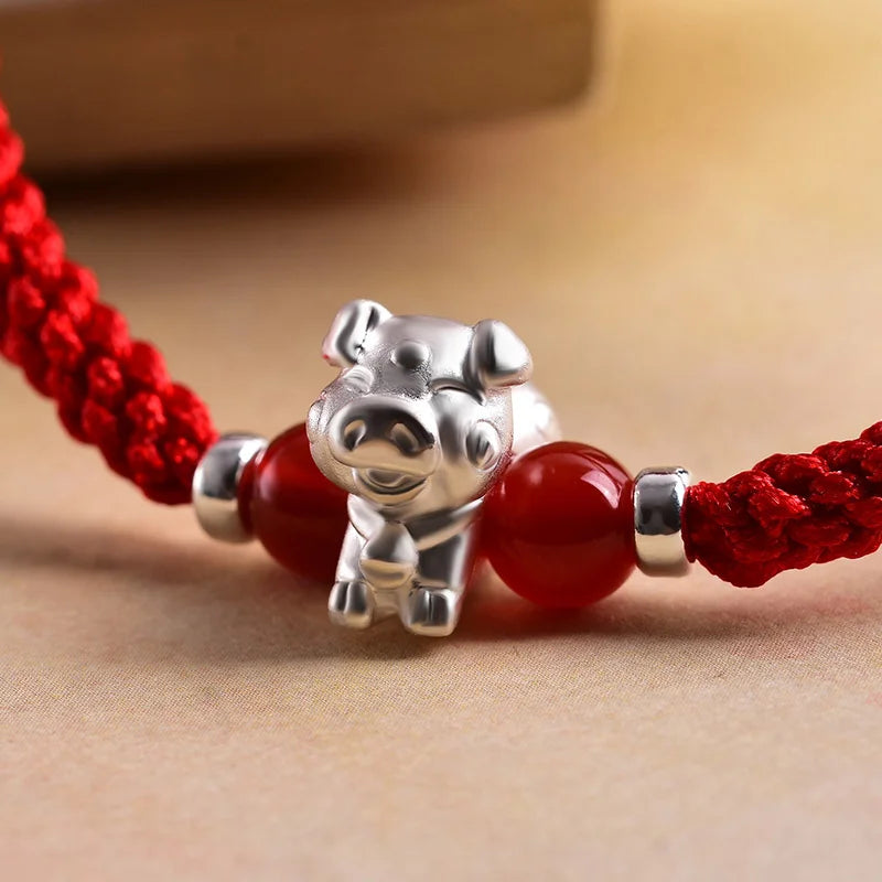 Sterling Silver Red Rope accessories for Women and Men Korean Version of Simple Transfer Bead the Year to the Dog Student Lovers Bracelet