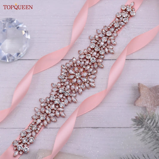 TOPQUEEN S319-RG Rose Gold Belt Full Rhinestone Ladies Wedding Party Stones Sash Women Dress Bride Accessories Gown Applique