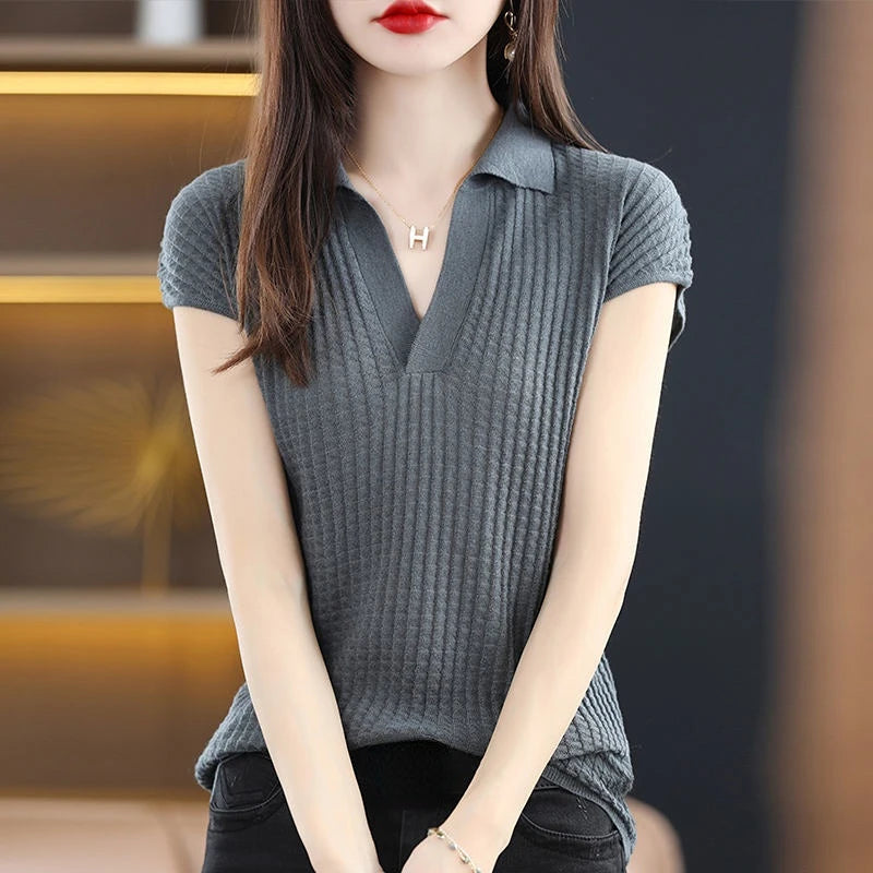 T Shirt Youth Top Petite Knitted Wholesale Ladies Polo Neck Tee Shirts Korean Pullover Luxury High Quality Flower Good Xxl Black clothes