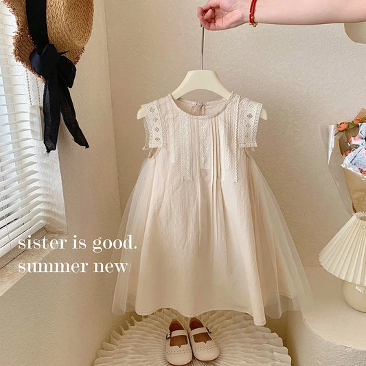 2024 Summer New 2 3 4 5 6 7 8 9 10 12 Years Children Lace Patchwork Cotton Embroidery Sleeveless Loose Dress For Kids Baby Girl