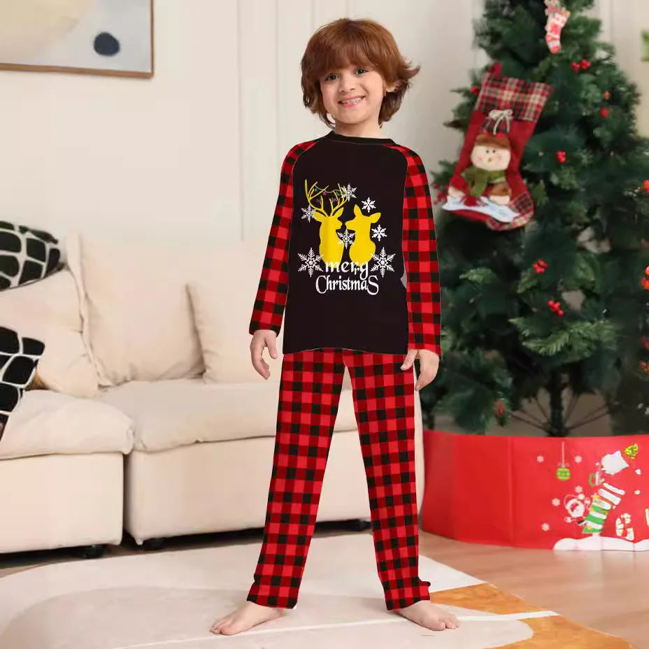 2024 Christmas Family outfit Gold fawn print Christmas family outfit crew-neck plaid Spring/ autumn pajamas set Halloween home