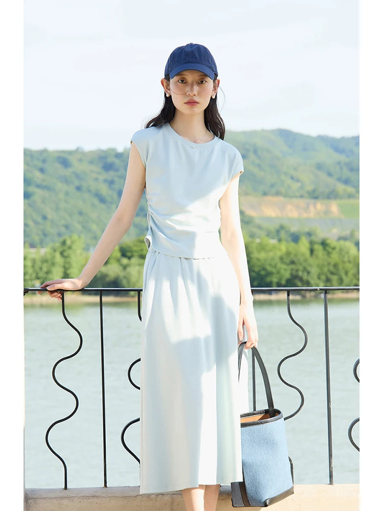 ZIQIAO Petite Relaxing Short Sleeved T-shirt Skirt Set for Women 2024 Summer New Slimming Women Top clothes