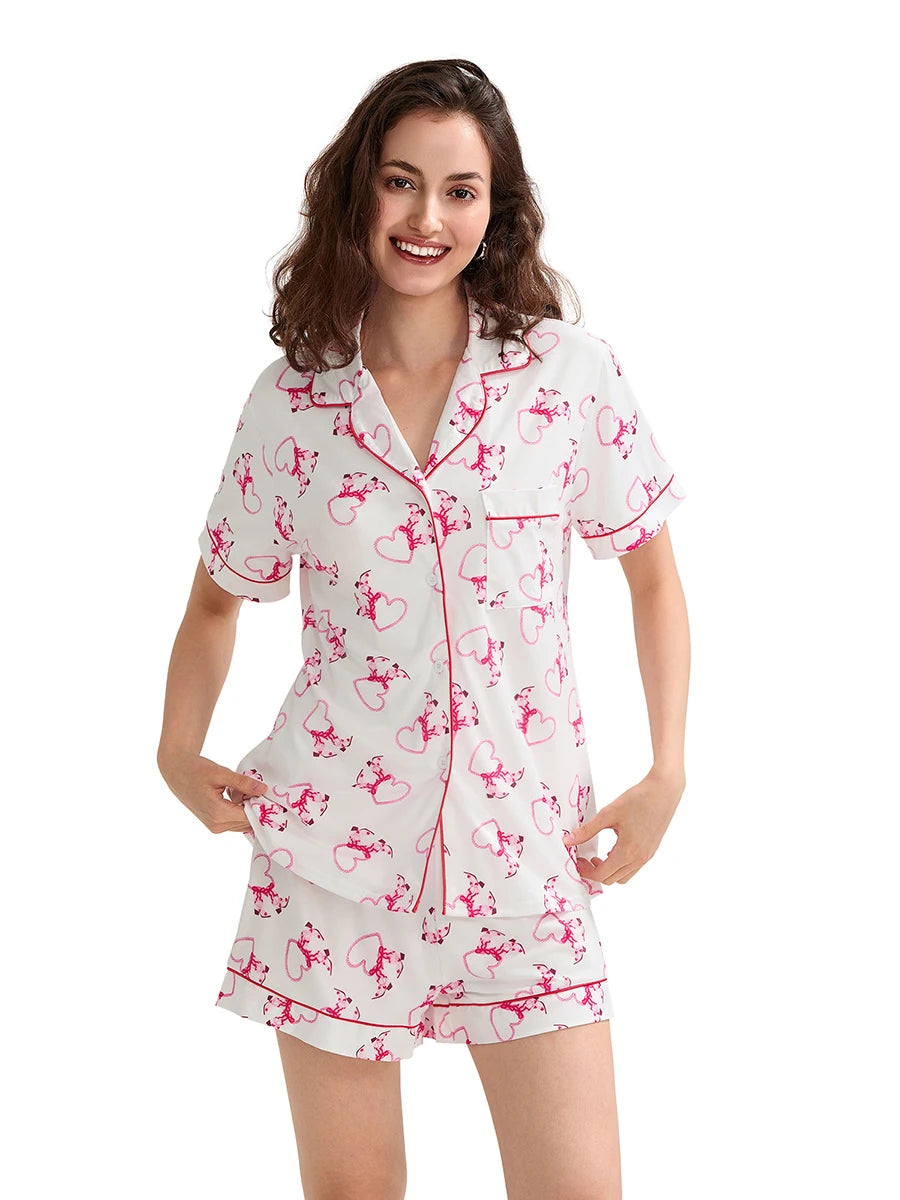 Women s Valentine s Day Lounge Set Short Sleeve Floral Heart Print Shirt Shorts Sleepwear Sets