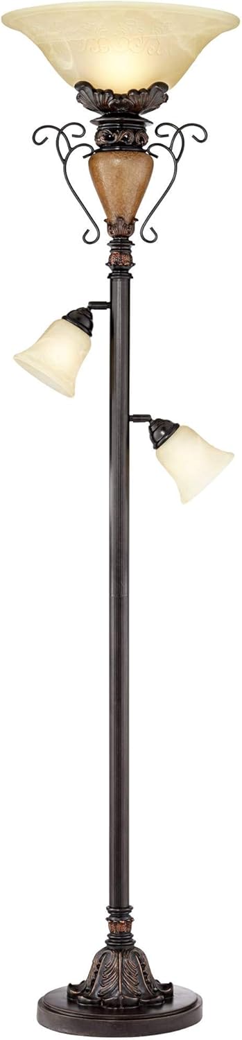 Regency Hill Vintage Traditional Torchiere Floor Lamp Tree 72"" Tall Antique Bronze Adjustable Alabaster Glass Shades Slide