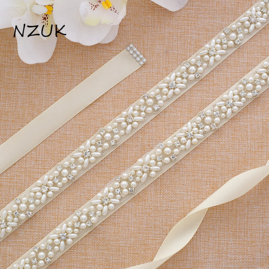 NZUK Crystal Bridal Sash Rhinestones Pearls Wedding Belt  Satin Bridal Belt And Sash For Wedding Decoration