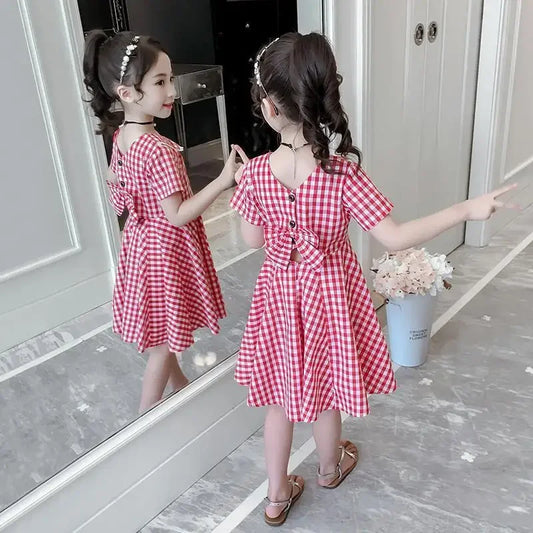 2024 Summer teenager baby Girls Dress Clothes plaid bow grey chiffon Long Beach Princess skirt 3 4 5 6 7 8 9 10 12 13 14 years