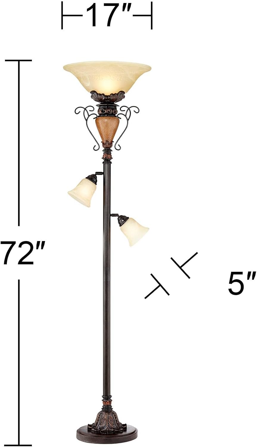 Regency Hill Vintage Traditional Torchiere Floor Lamp Tree 72"" Tall Antique Bronze Adjustable Alabaster Glass Shades Slide