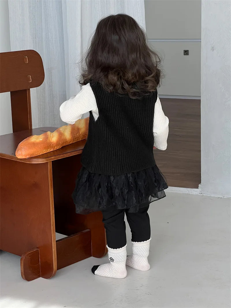 2024 herbst Neue Baby Mädchen Ärmellose Strickweste Infant Mädchen Stricken Strickjacke Kleinkind Pullover Weste Baby Spitze Leggings Kinder Kleidung