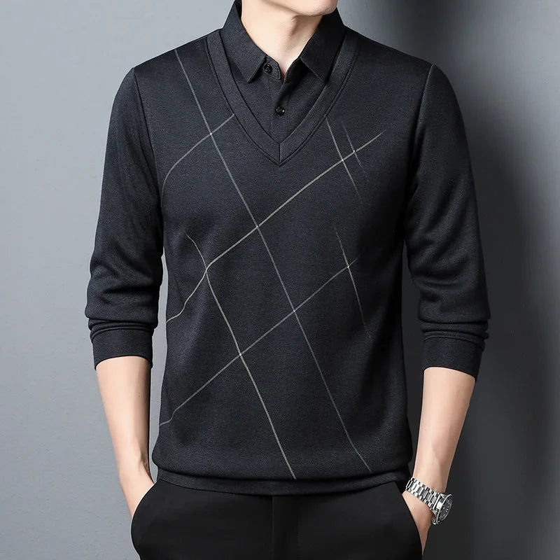 Spring Autumn New Fashion Printing Fake Two Pieces Polo Shirts Men's Clothing Long Sleeve Casual Loose Bottom Layer Shirt Tops