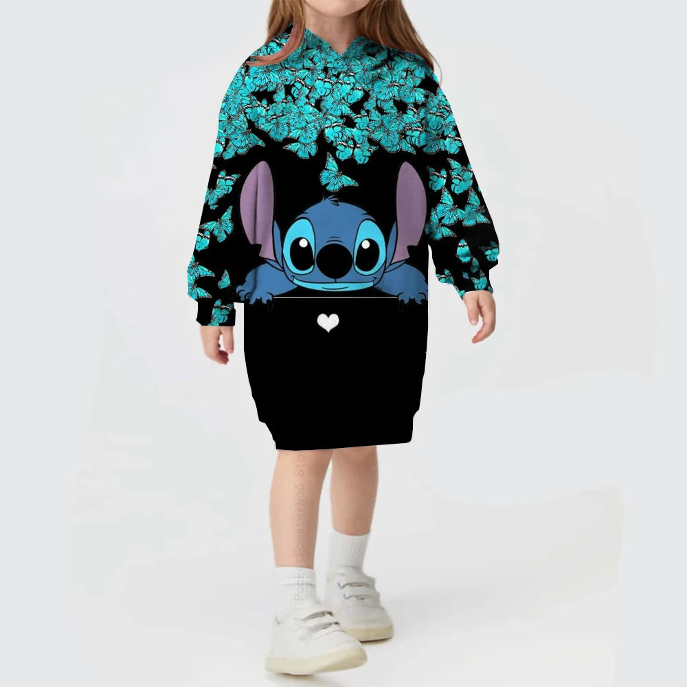 2024 Autumn and Winter Sweater Dress Christmas Disney Stitch Print Hoodie Dress Baby Girl Cute Fashion Hoodie Dress
