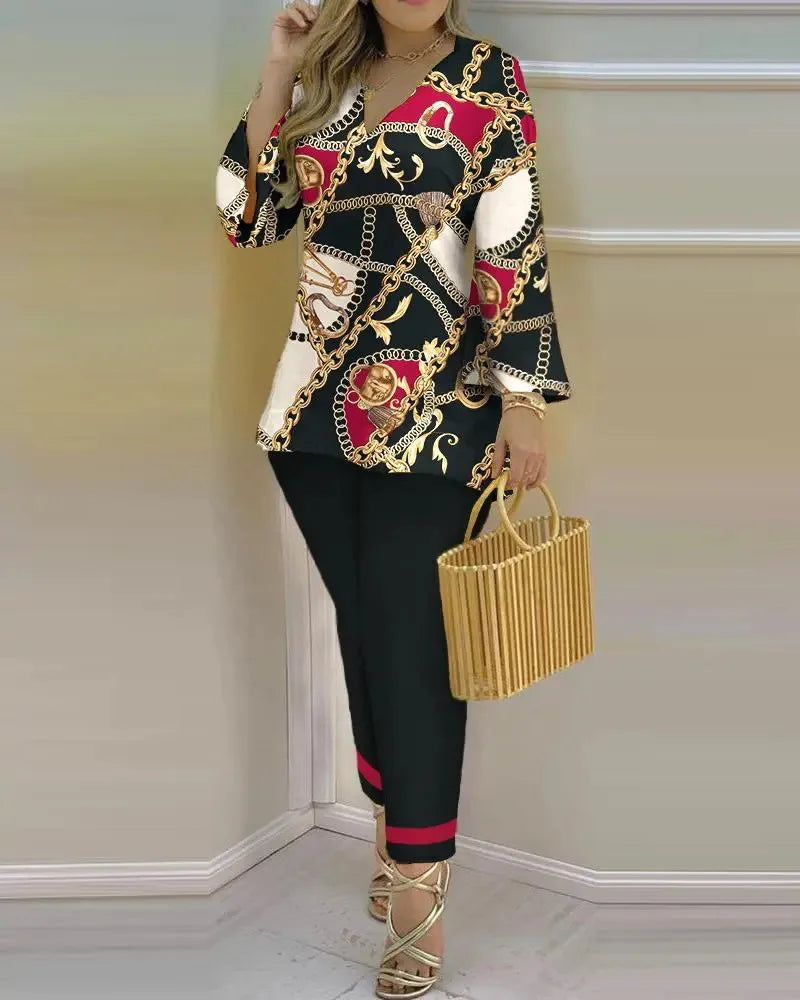 2025 Ladies' Checkered Print Suit Summer Long Sleeve V-neck Polyester Printing Two Pieces Sets Top And Long Pant Clothes Women
