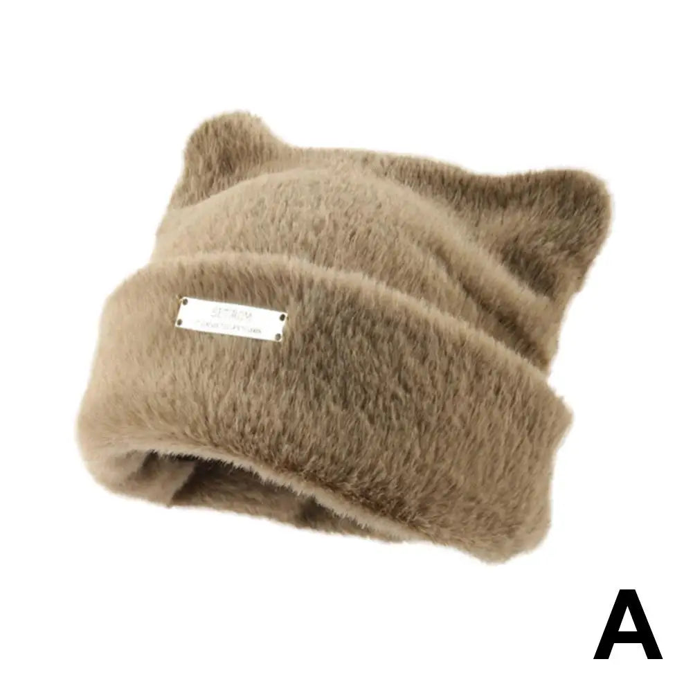 Iron Label Decorative Beanie Hat With Ears Cute Warm Faux Beanie Hat Plush Women Winter Fur Beanie Elastic Knitted Outdoor Z4k0