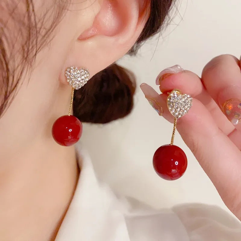 925 Silver Needle Korean Fashion Crystal Heart Earrings For Women Jewelry 2024 Trending Women's Red White Pearl Drop Earrings