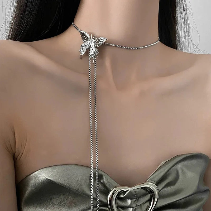 Unique Elegant Drawable Silver Butterfly Tassel Necklace Women's Fashion Collar Chain Girl Love Gift