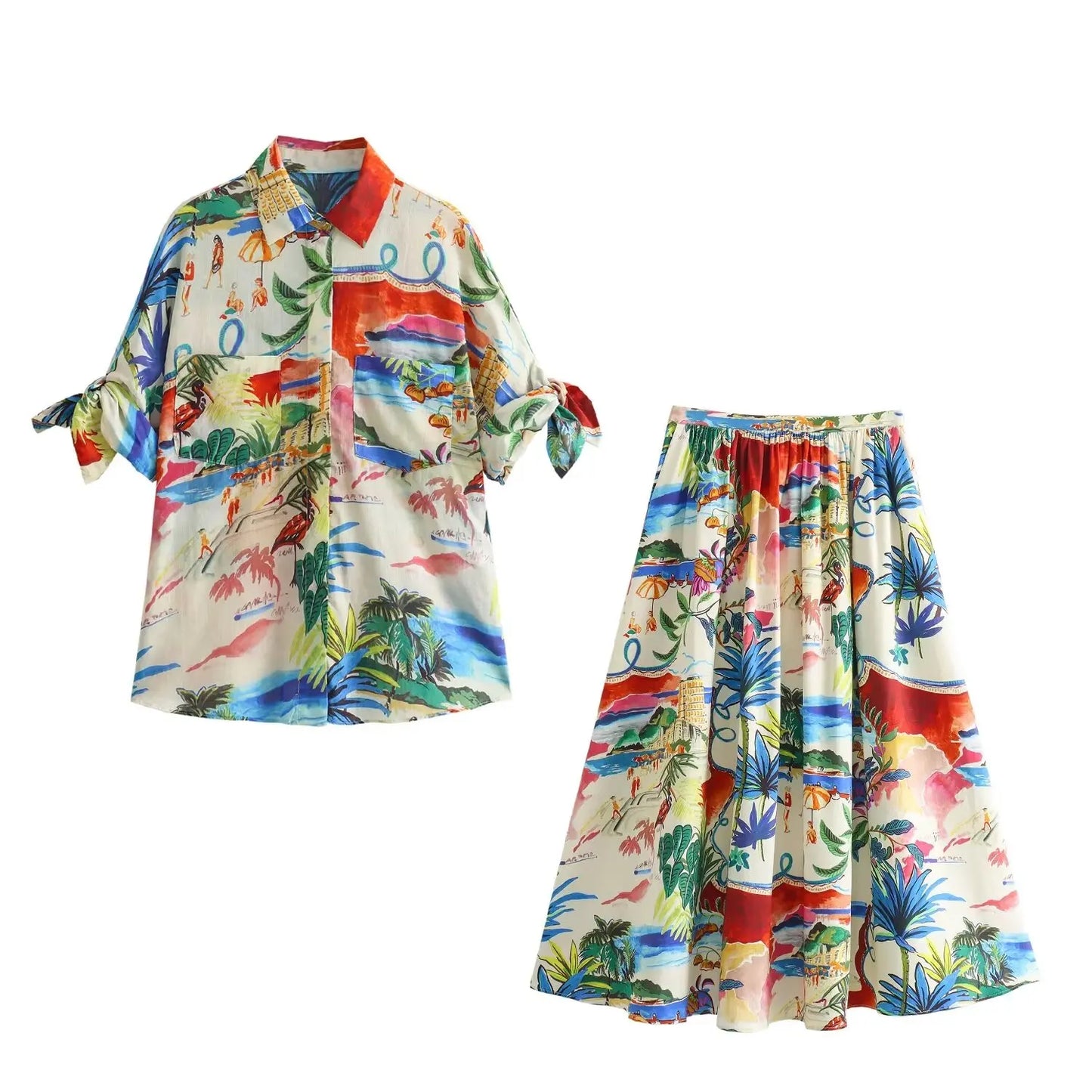TRAF 2024 Women Summer Casual Print 2 Pieces Skirt Set Pockets Lapel Single-Breasted Shirt Top+Slim Pleated Zipper Pocket Skirt