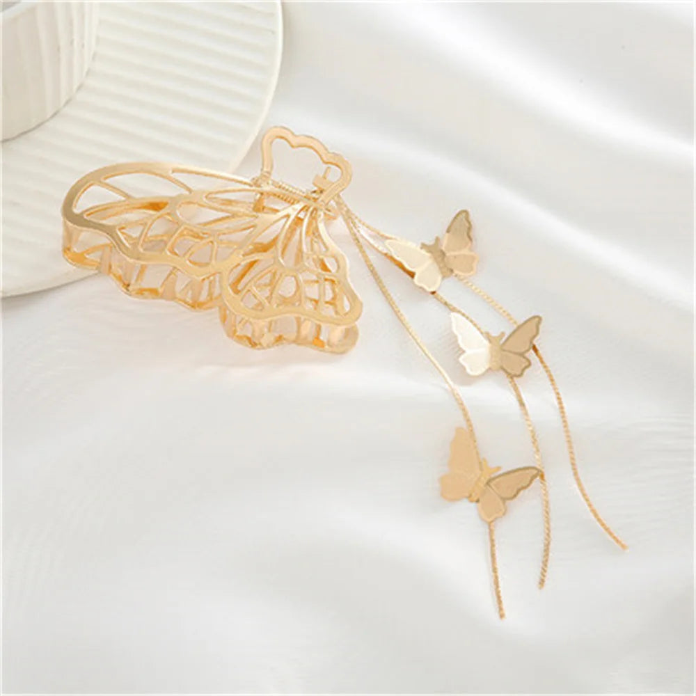 Temperament Hollow Butterfly Hair Claws Nonslip Elegent Golden Clips With Butterfly Tassel Hairband Hair Accessories