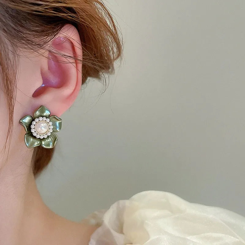 925 Silver Needle Korean Vintage Oil Painting Pearl Flower Earrings For Women Jewelry 2024 Trending New Luxury Women's Earrings