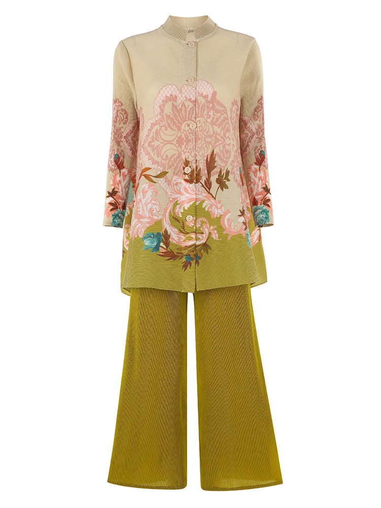MIYAKE Women's PLEATS Print Casual Suit 2025 Spring New Fashion Stand Collar Midi Top Wide-Leg Pants Two-Piece Set Women Clothes