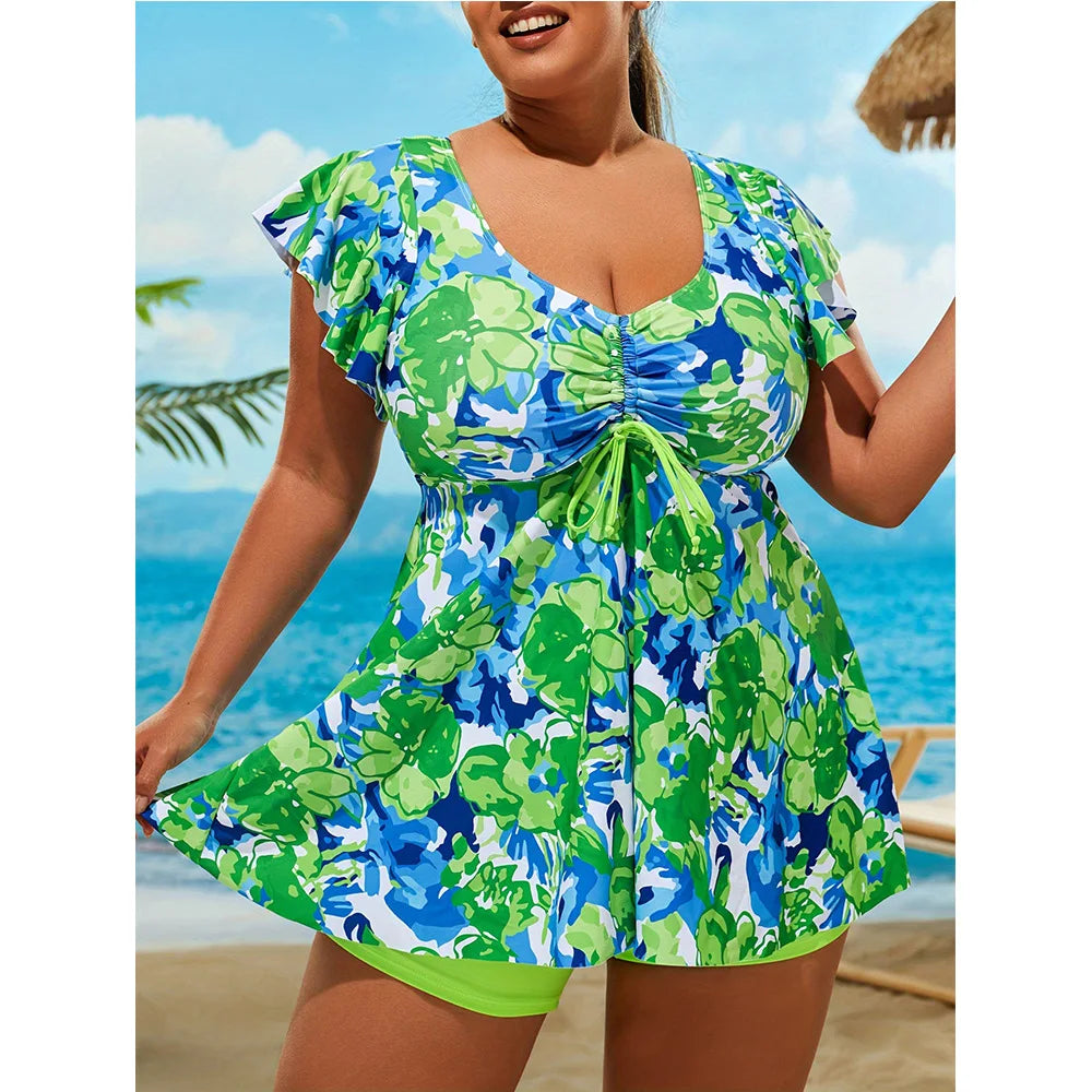 2025 Printed Tankini Set Two Piece Swimsuit Women Tie Front Drawstring Swimwear Female Bathing Swimming Suit Beachwear Summer
