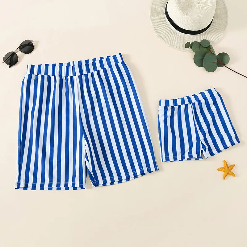 Family Swimwear Striped Mommy and Me Swimsuit Mother Daughter Bikini Family Mtching Clothes Dad Son Swim Trunks Beach Shorts