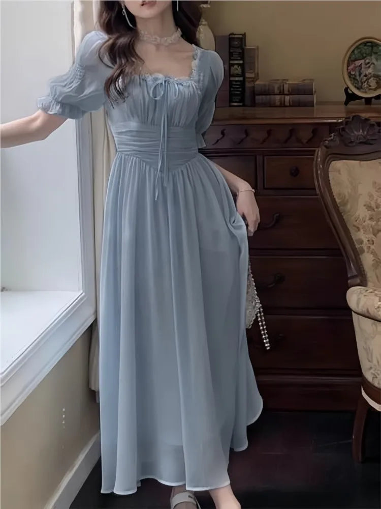 Summer Women Elegant Princess Evening Party Midi Dresses Vintage Chic Casual A-Line Prom Vestidos French Style Female Clothes