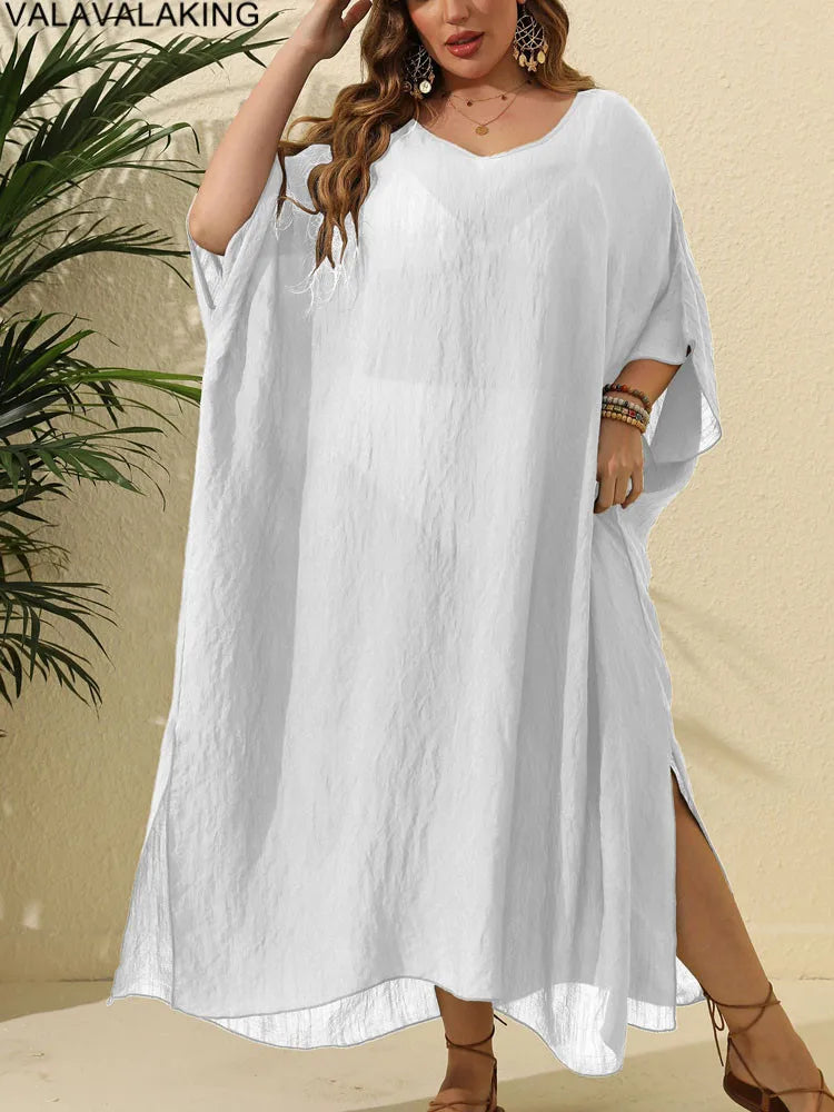 2025 Women Short Sleeve Plus Size Cove Up Solid Large Big Tunic Lady Chubby Beach Long Dress Brazilian Curvy Swimsuit Cover-Ups
