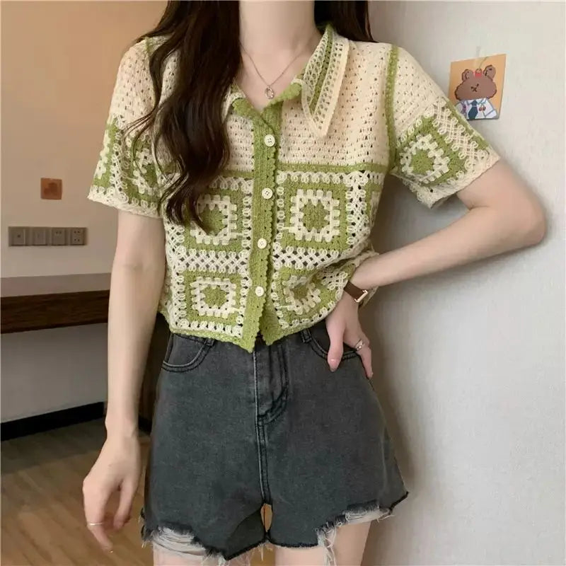 Summer Short Sleeve T-Shirt Retro Knitted Cardigan Outerwear Young Petite Girls Vintage Hollow Out Crop Top Women Clothes