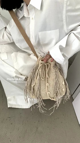 Tassel Shell Straw Bag Summer Bucket Bags for Women Wide Strap Shoulder Bag Bohemian Rattan Beach Bags Purses and Handbags Chic