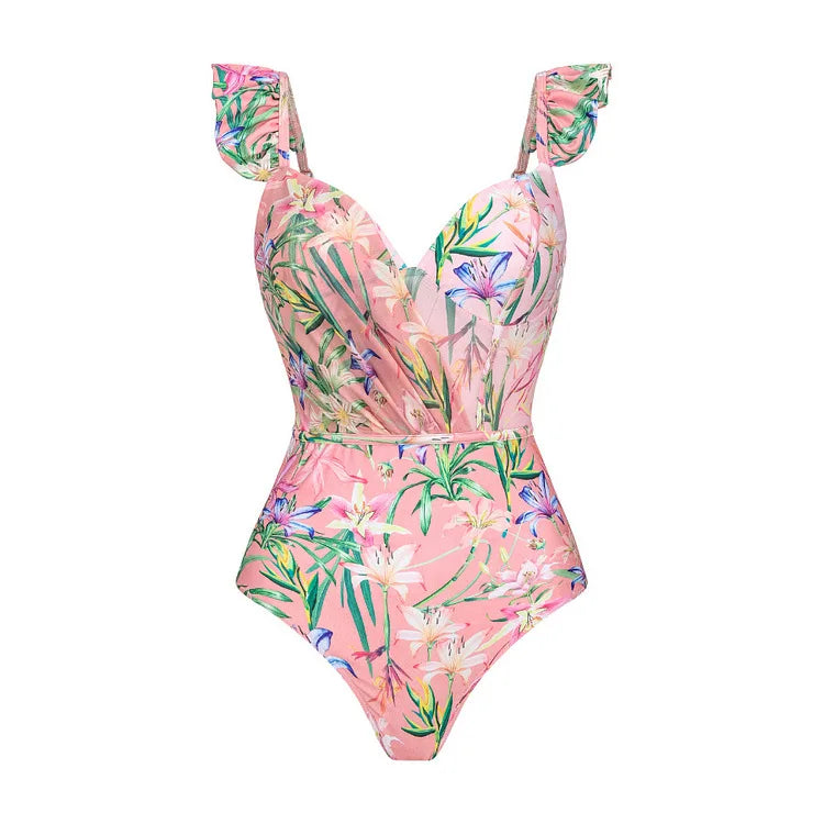 2025 Vintage Floral One Piece Swimsuit Floral Ruffle Printed Push Up Women Bikini Set Swimwear Slimming Bathing Suit Beach Wear