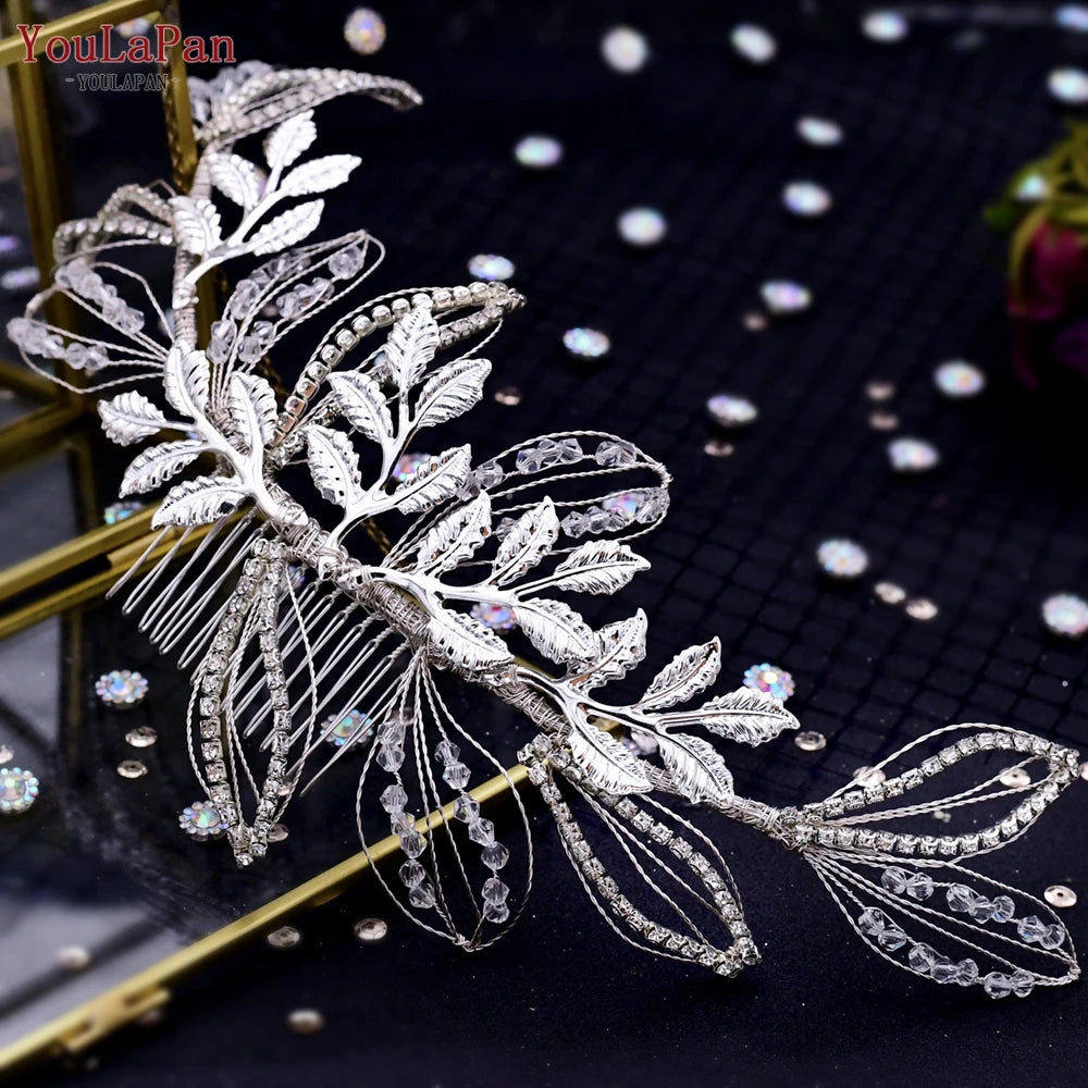 YouLaPan Gold Floral Wedding Hair Comb Bridal Crystal Pearls Headpiece Hair Accessories Bride Jewelry Women Hair Clips HP368