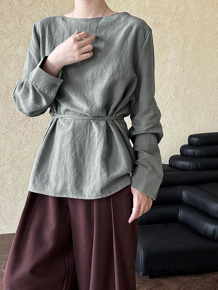 FANAN Women's Shirts Round Neck Lace-up Gathered Waist Long Sleeve Fit Blouses Female Tops Fashion Clothes 2025 Spring New