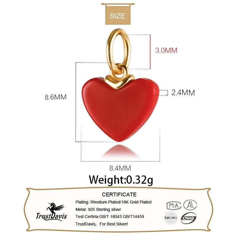 TrustDavis Fashion S925 Sterling Silver Sweet Romantic Red Heart Charms For Bracelet Or Necklace DIY Accessories Jewelry HY032