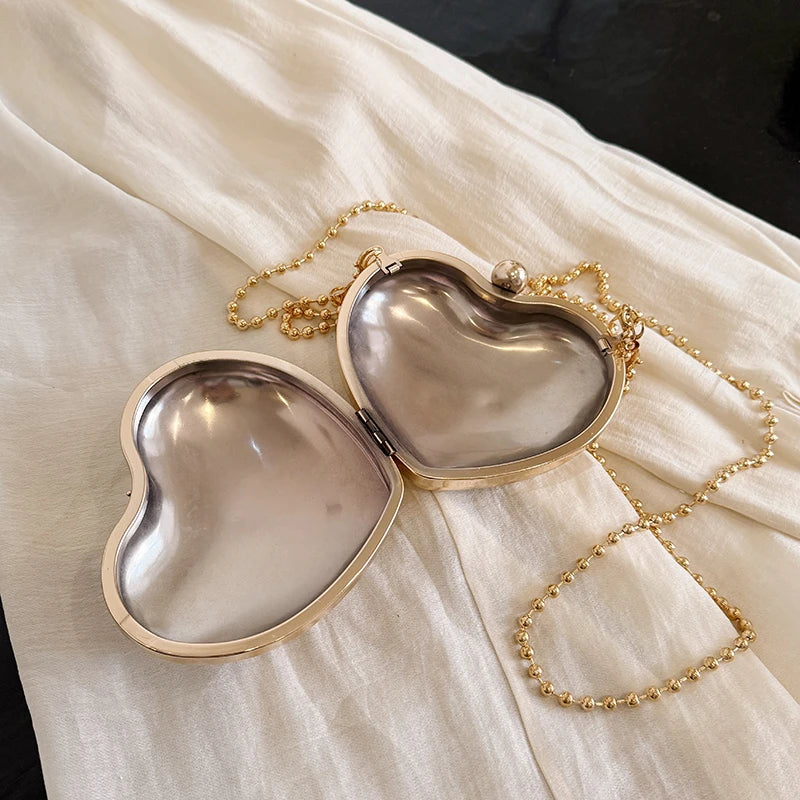 2025 New Fashion Mini Evening Party Bag Metal Frame Heart Shape Women Cross Body Bags Silver Gold Color Micro Chain Shoulder Bag