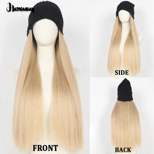 33 Inch Black Knit Hat Light Gold Long Straight Hair Ladies Synthetic Wig To Keep Warm Winter Wig Hat Integrated Knit Hat Wig