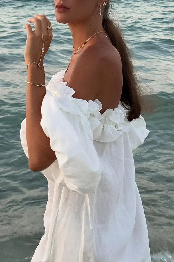 2025 Summer Cotton Linen Women Dress Long White Off The Shoulder Side Split Dresses Female Elegant Casual Trendy Ladies Clothes