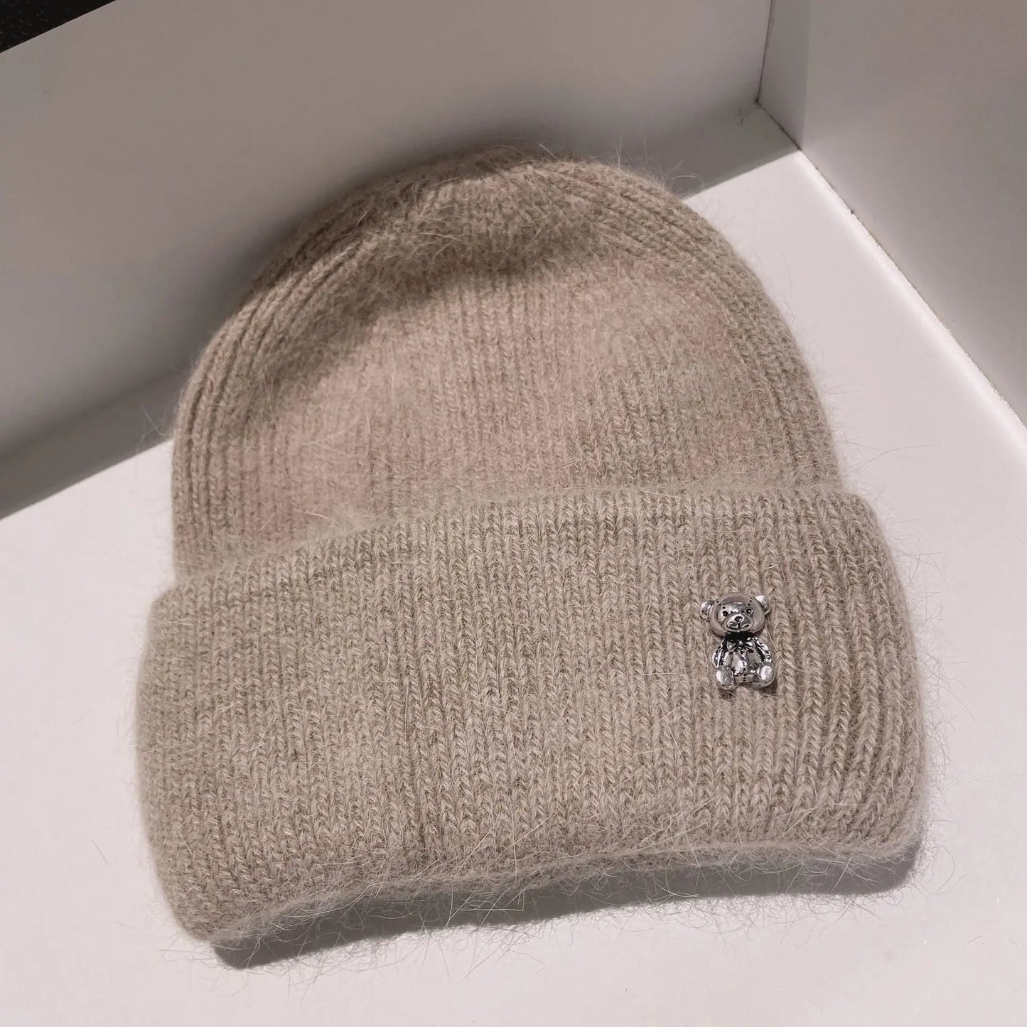 Luxus Cut Bear Echtes Kaninchenfell Strickmützen für Frauen Winter Warme Mütze Lässige Lady Beanie Walking Bonnet Wolle Skullies Caps