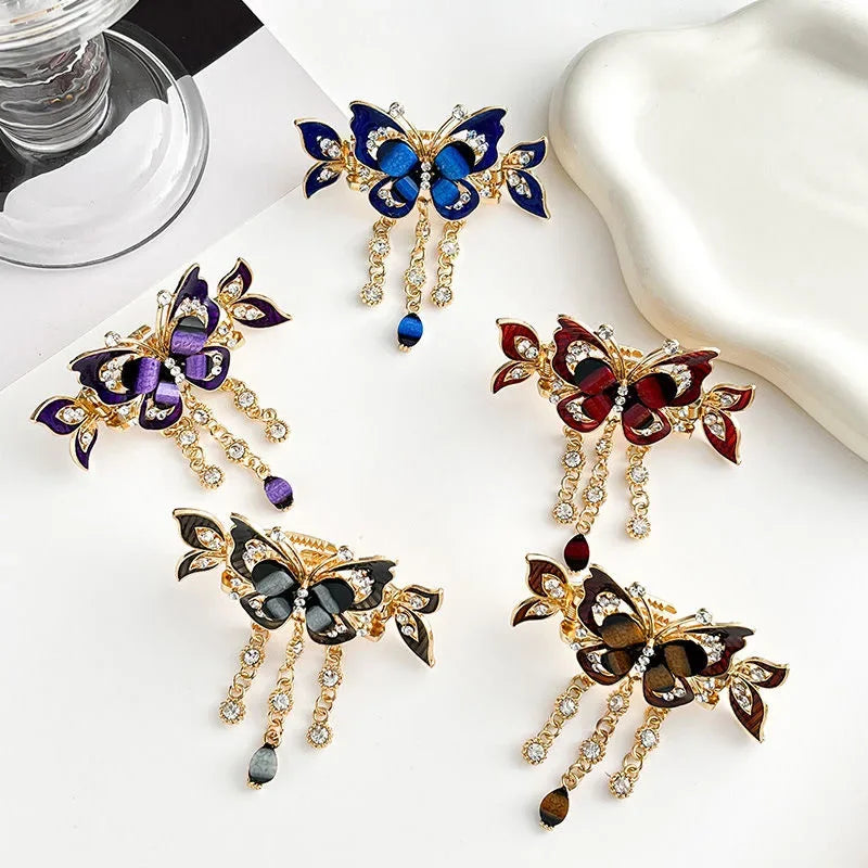 Fashion Zircon Butterfly Tassel Hairpin Accessories for Women Retro Ethnic Style Small Crab Clip Headwear Hair Clips for Girls