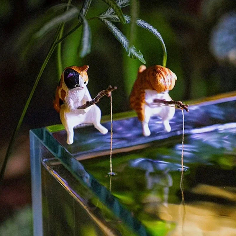 YELL Fish Tank Fishing Cat Hanging Creative Ornament Fishing Mini Decoration Micro Landscape Gachapon Toy Doll Gashapon Figures