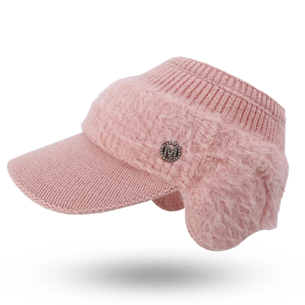Autumn Winter Hollow Top Knitted Woolen Bomber Hat Ear Protection Thickened Warm Women's Fashion Baseball Hat Knitted Woolen Cap