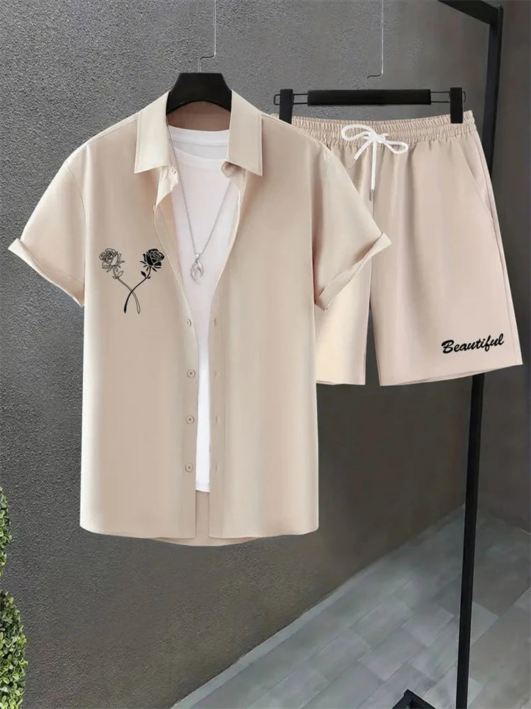 Men's Fashion Breathability Suit Hawaii Beach Holiday Suit Fallow Men's Shirt Short Sleeve Shorts 2 Piece Set