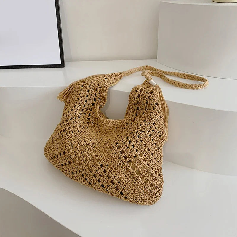 Women Crochet Tote Bag Fashion Knitted Bag Large Capacity Hollow Out Bag Solid Color Tassels Woven Shoulder Beach Tote 2024